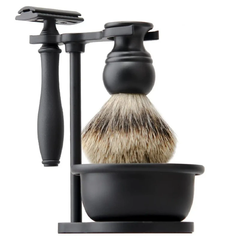 

High Quality Men's Shaving Set Includes Black Soap Bowl Durable Alloy Shaving Stand Badger Hair Brush Razor Beard Tool