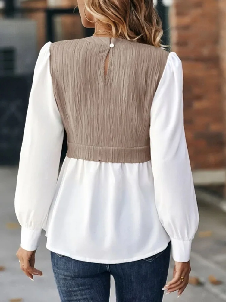 Women's New White Blouse Spring Autumn Casual O-neck Puff Sleeve Wave Strip Splicing Fashion Shirt Top Streetwear Women Clothing