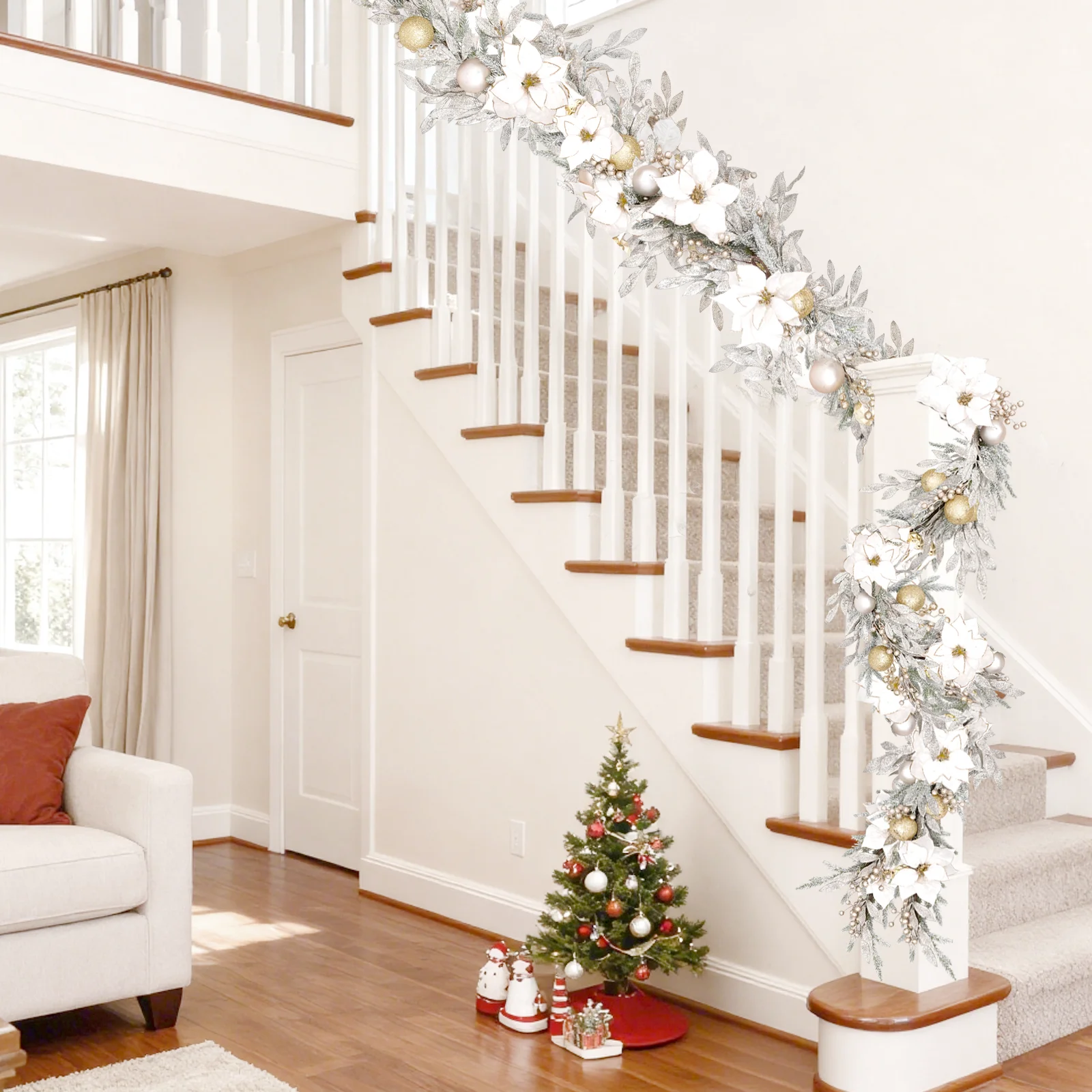 

9ft Pre-Lit Christmas Garland Adorned with Gold Berries, Balls, and White Flowers 100 Battery-Powered LEDs for Indoor/Outdoor