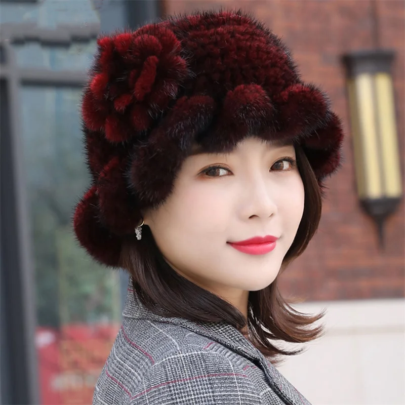 Women's New Winter Russian Style Luxury Natural Mink Wool Warm Knitting Fashion Large Elastic Real Fur Soft Thickened Hat 2023