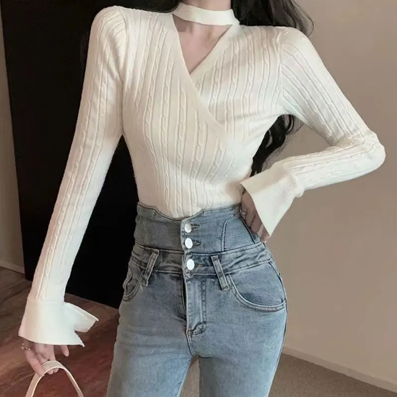 Halter V-Neck Knitted Pullovers Spring Autumn Slim Long Sleeve Women's Clothing Stylish Cross Strap Basic Solid Color T-shirt