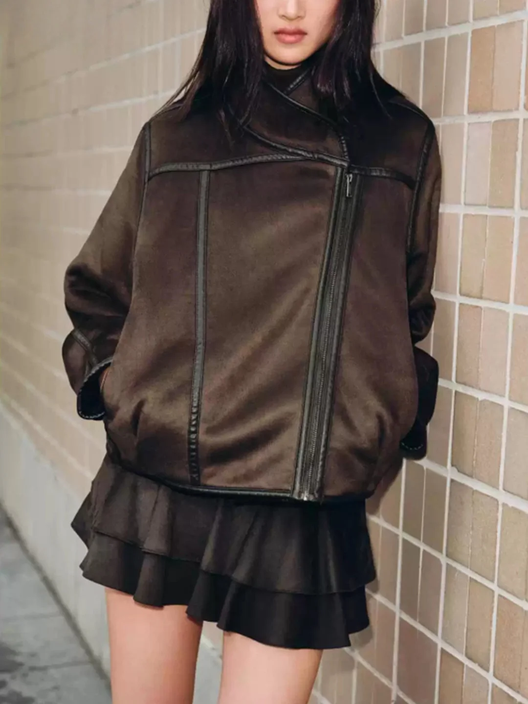 ملابس خارجية نسائية من الجلد والفرو على الوجهين مع سحاب طويل Sve غير رسمي ملابس خارجية Jaet لموسم الشتاء