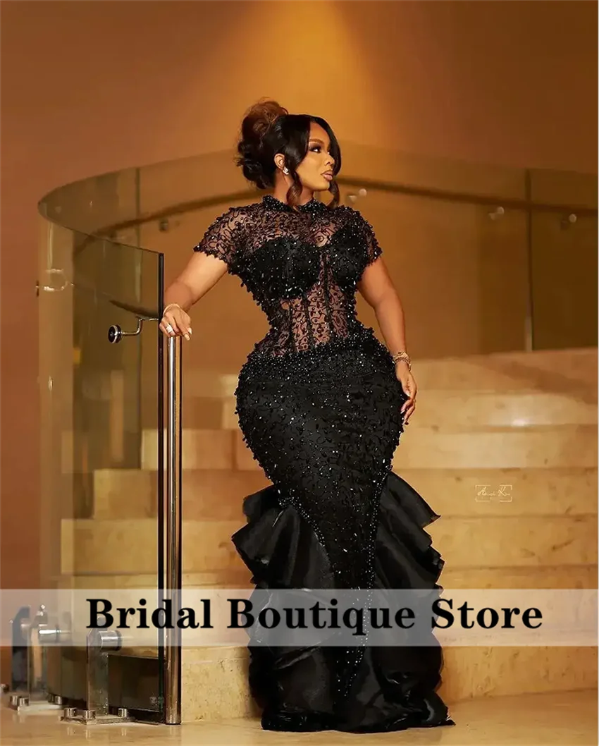 

Black Beading Mermaid Evening Dresses Pearl Sequin Tiered Elegant Aso Ebi Wedding Birthday Party Prom Gown Vestido Customized