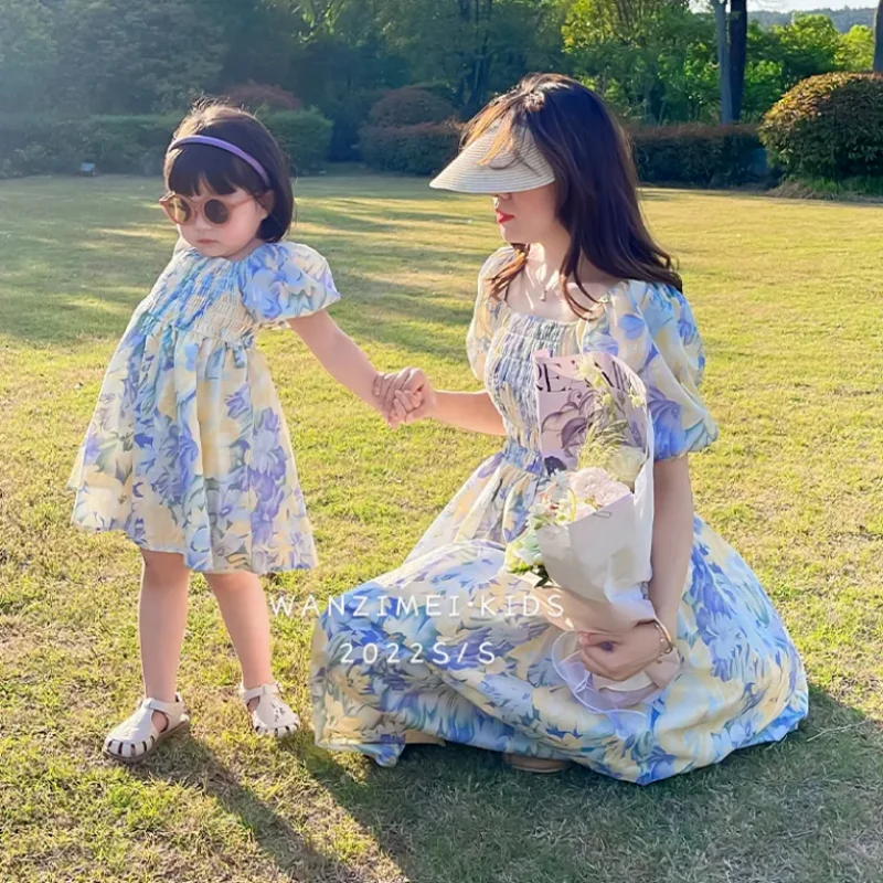 

Mother Kids Family Matching Outfits Summer New Chiffon Floral Dress Mom and Daughter Matching Clothes Women Baby Girl Clothes