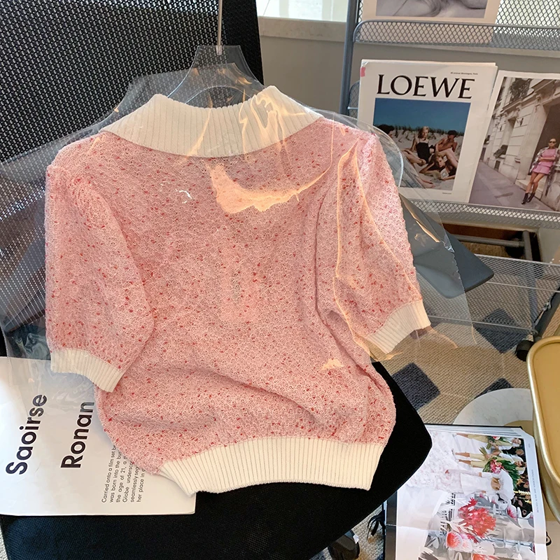 Zoete Zachte Stijlvolle Gebreide Trui Pullover Vrouwen 2022 Zomer Korte Mouw Casual High Street Fashion Chic Vrouwelijke Tops T-shirts