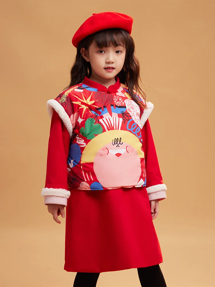 Chinese Style Baby Girls New Year 2pcs Set Clothing Winter Fashion Thick Warm Hanfu Clothes Kids Cute Red Kawaii Outerwear 150cm