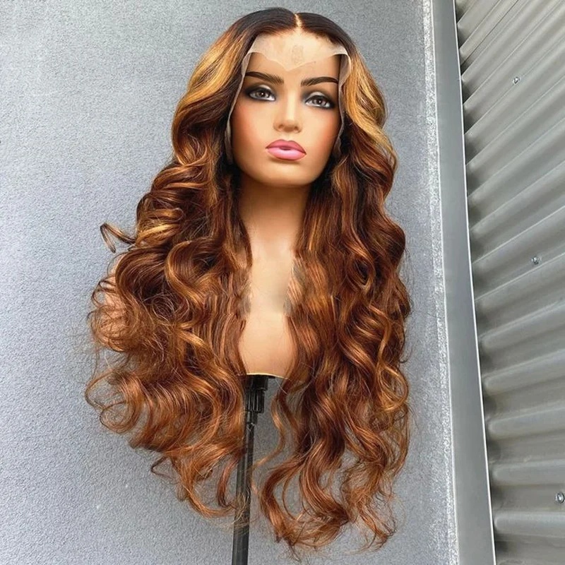 Soft Glueless Highligh Blonde Wave 28'' 5x5 Silk Base Jewish Human Hair Wigs With Baby Hair HD Lace European Hair Black Root Wig