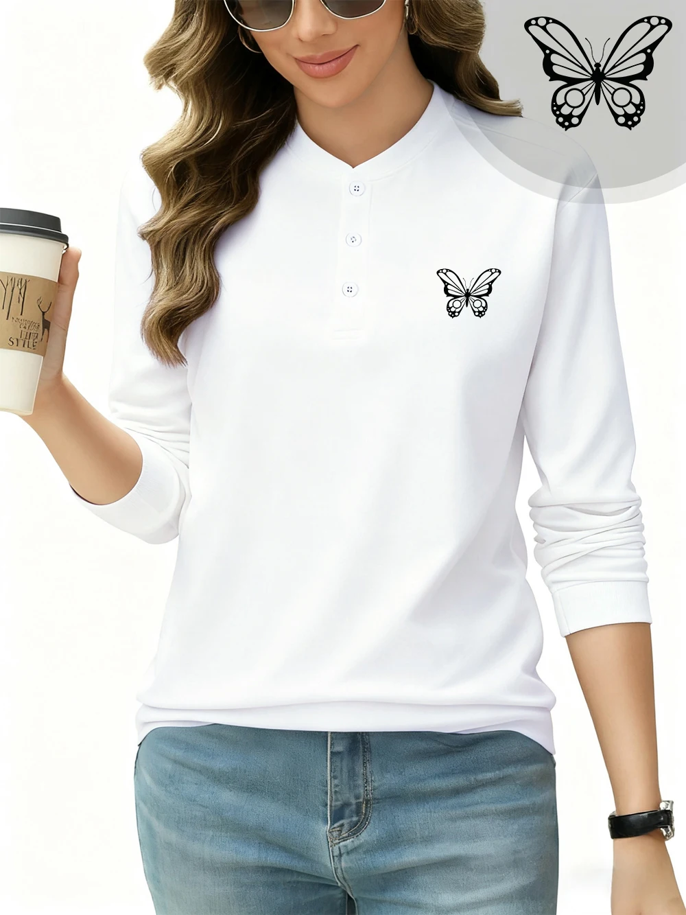 فراشة يطبع المرأة هينلي قميص القطن الخريف الدافئة بلايز رياضي طويل الأكمام تنفس تي شيرت الأساسية طبقة الملابس