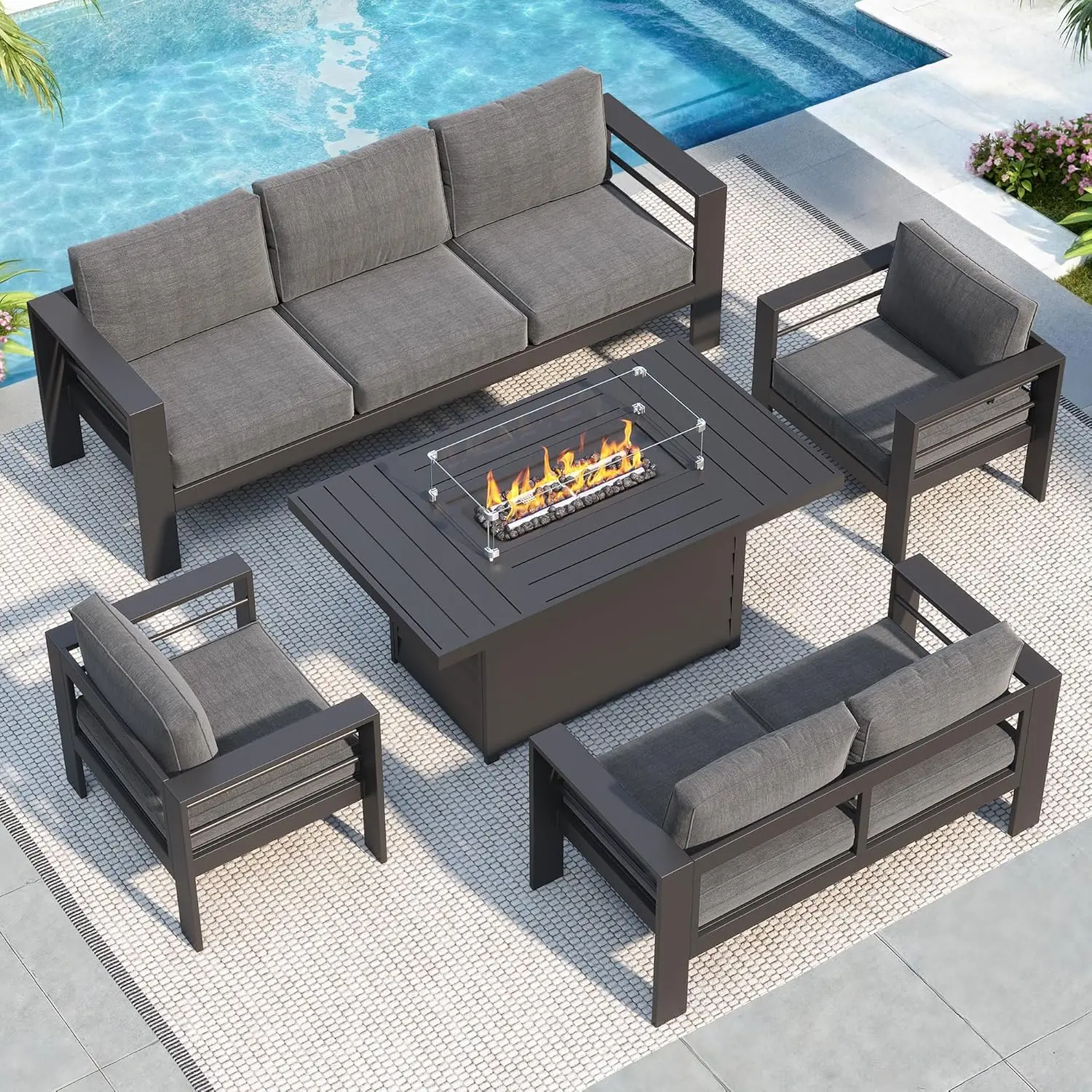 

Aluminum Patio Furniture Set with 55" Fire Pit Table, 7 Seats Metal Outdoor Furniture with Water-Resistant, Customized