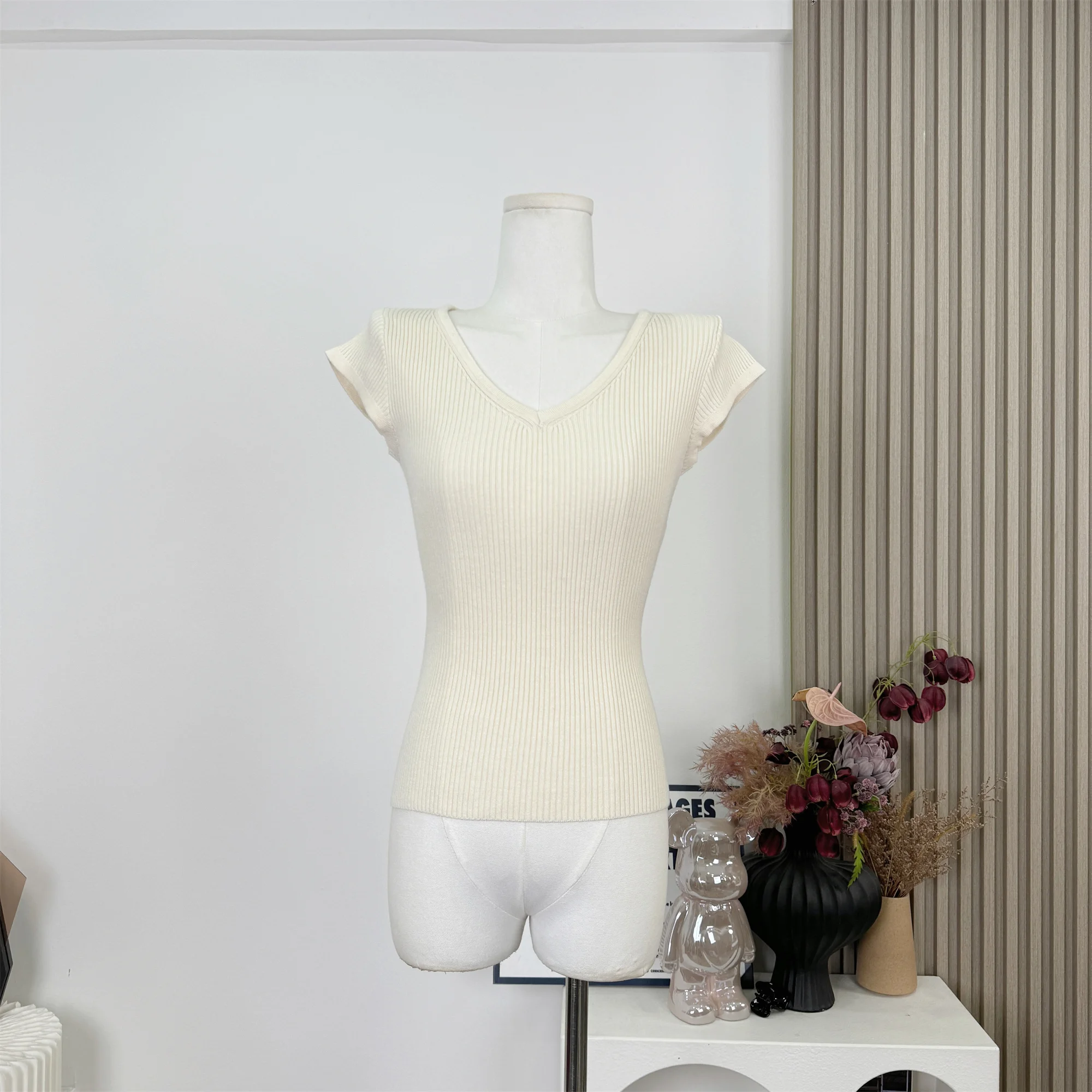 

Basic V-neck Solid Thin Summer Pullover Women Female Knitted Ribbed Sweater Slim Short Sleeve Bodycon Sweater