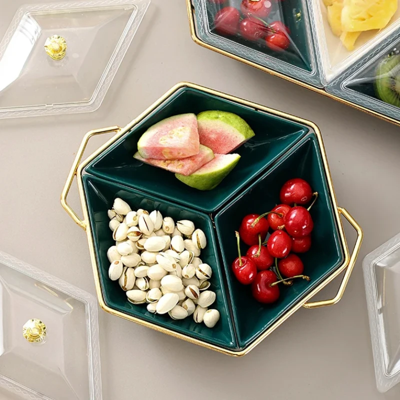 Ceramic Tray Set - 3 & 5 Grids, Acrylic Cover, Metal Base, Snack Platter, Fruit, Dried Fruit, Salad & Dessert Bowl