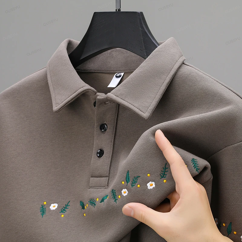 Autumn Winter Luxury Flower Embroidery Men's Polo T-shirt Cotton Classics Collar Long Sleeves Tops Black Khaki Hoodie Male