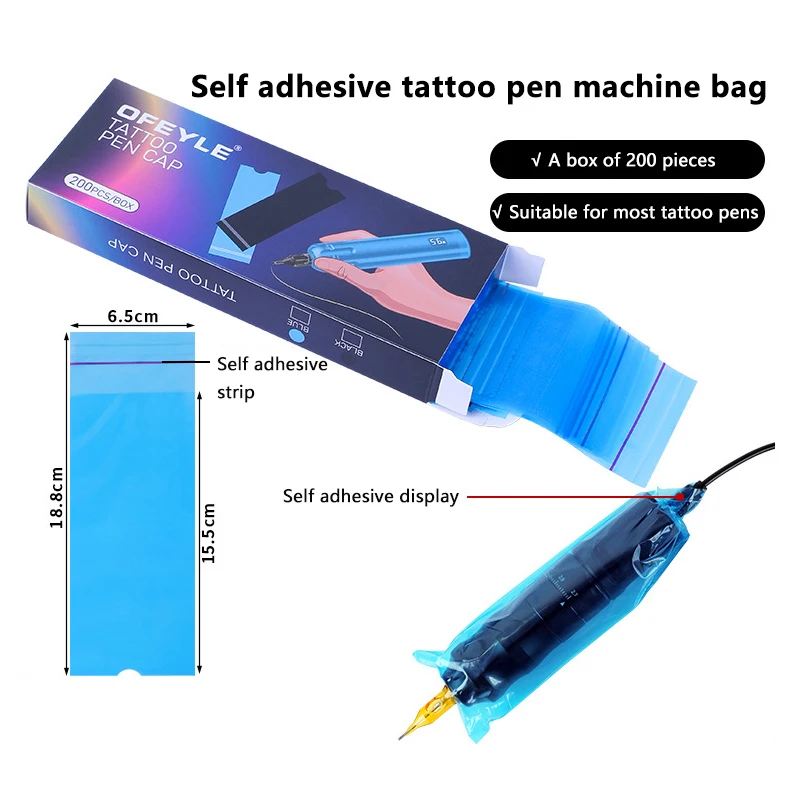 200pcs Big Tattoo Pen Bags Tattoo Pen Machine Sleeve Covers Black Blue Clip Cord Sleeves Tattoo Accessories