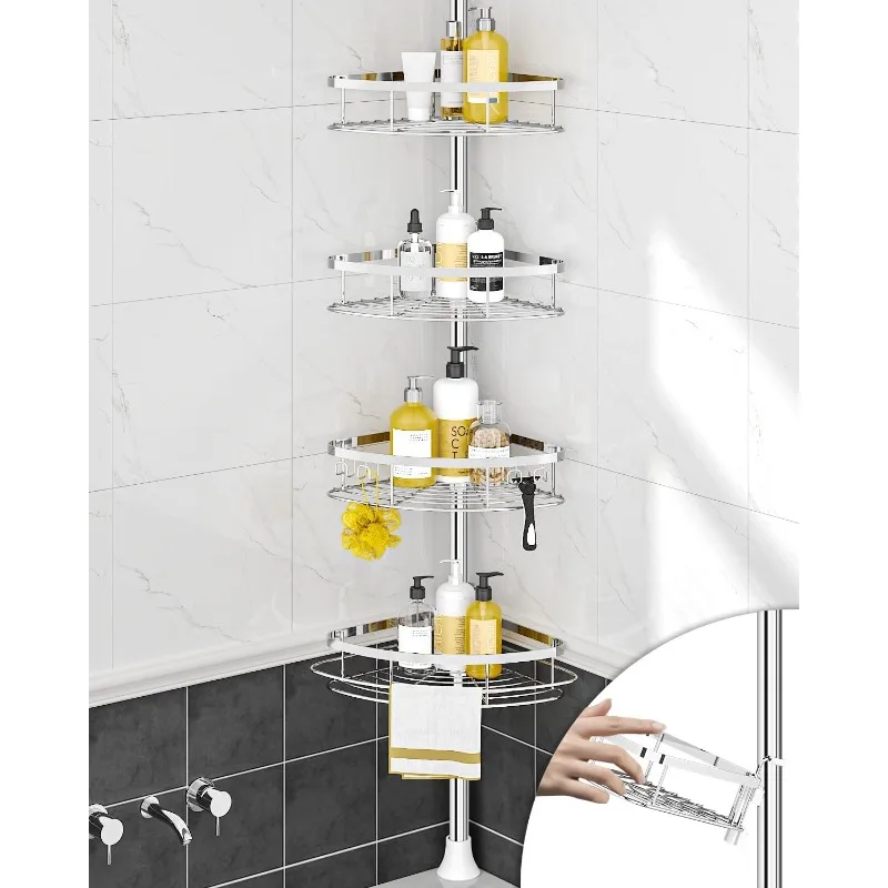 Rustproof Shower Corner Caddy Organizer for Bathroom, 4 Adjustable Shelves with Tension Pole, for Bathtub Shampoo Acces