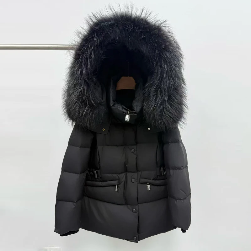   Thiened Jaet de plumón para mujer con cuello de piel grande Ropa de abrigo cálida de longitud media informal y elegante de Tagkita