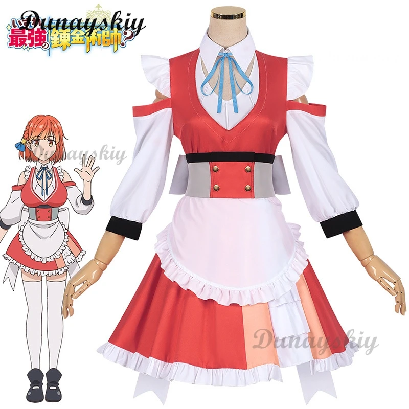 Anime Cosplay Possibly the Greatest Alchemist of All Time Maria Cosplay Costume Wig Red White Maid Dress Bow Tie Headwear Set