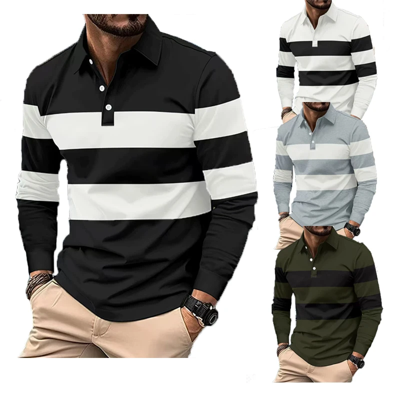 

Мужская рубашка-поло с длинным рукавом, черно-белая полоска, повседневная весна-осень, S-3XL