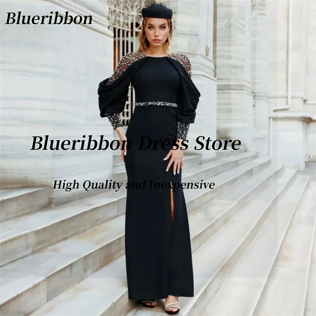 

Blueribbon Beaded Long Sleeves Evening Dresses O-Neck Side Slit Prom Dress Zipper Back Customized Special Occasion Gowns