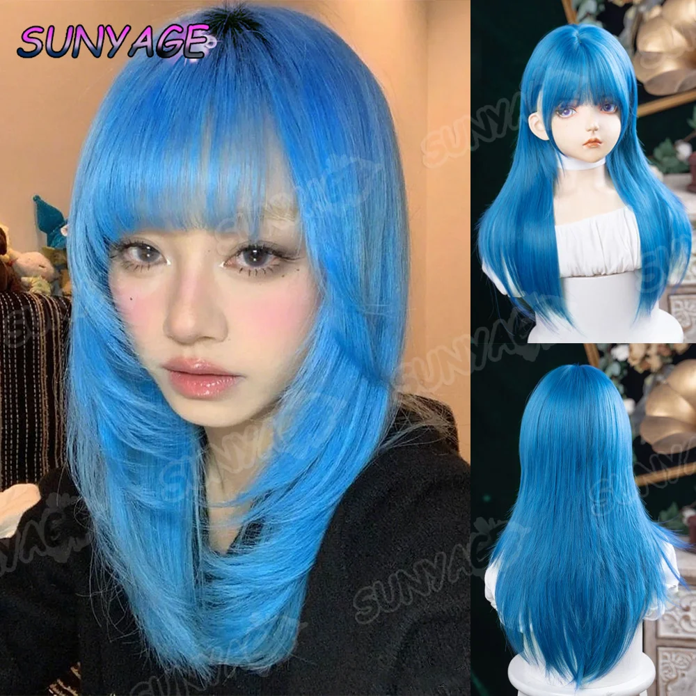 

SUNYAGE синий синтетический длинный прямой женский парик с челкой Лолита косплей пушистый термостойкий парик для повседневной вечеринки