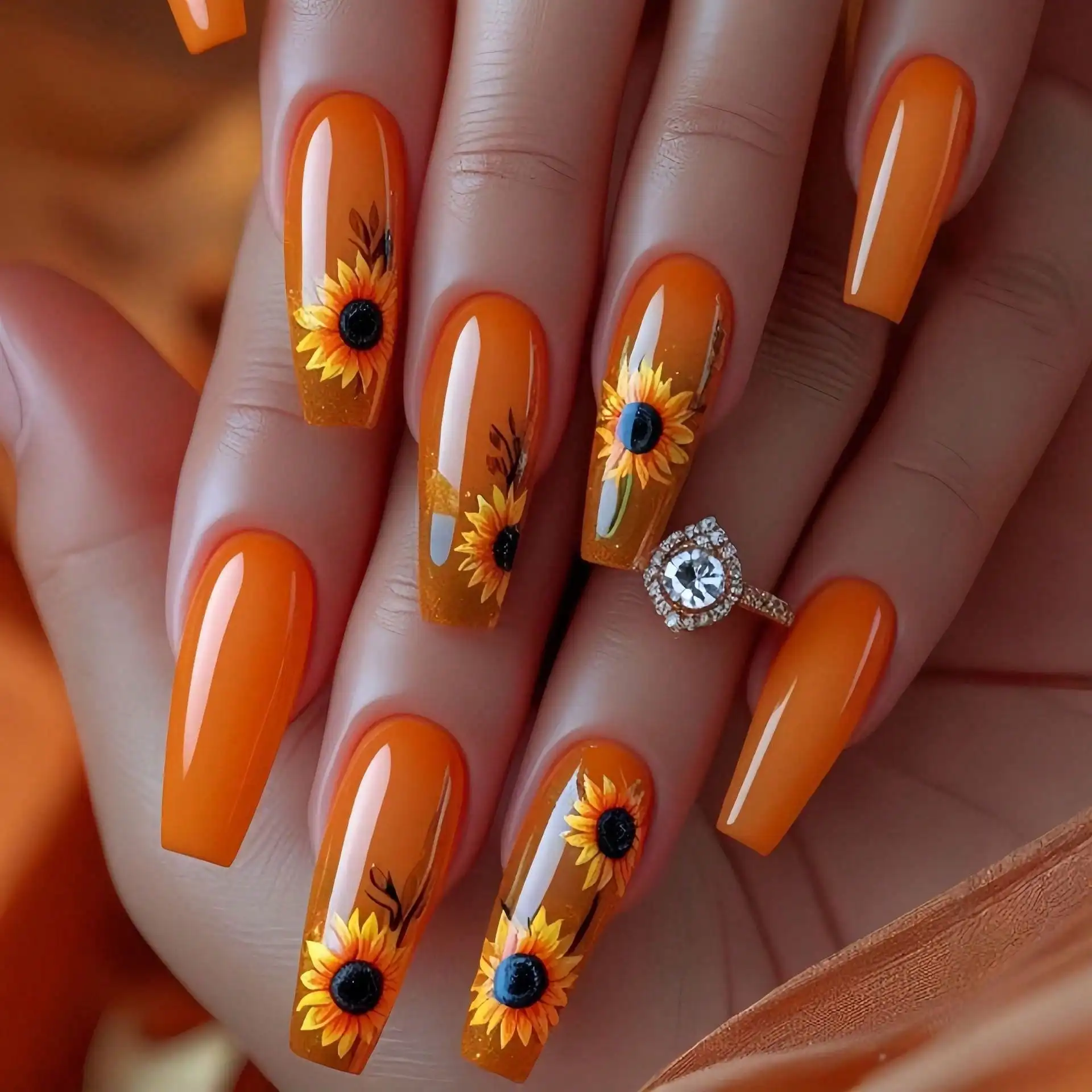 

24 шт. акриловых съемных накладных ногтей с блестками, оранжевыми подсолнухами и длинными балетными формами, подарок на Рождество и Новый год