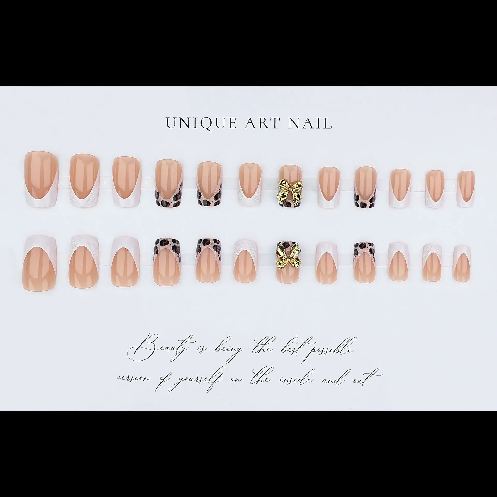 Short square fake nails for women girl fashion brown leopard print with 3D embossed flower bow frame press on acrylic false nail view 4