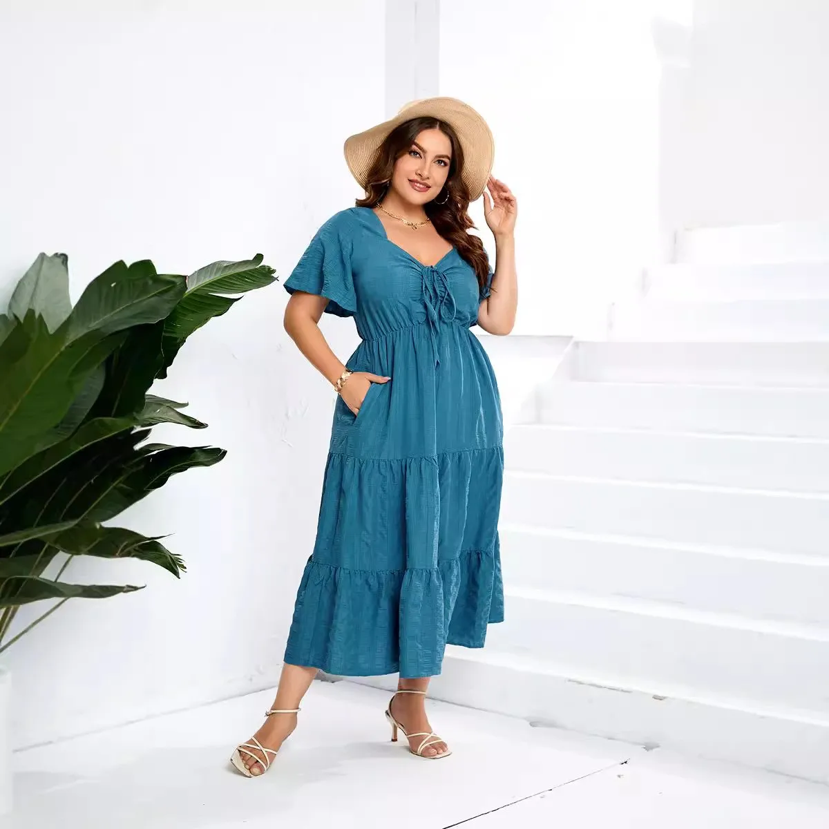 Summer Dress Women's V Neck Short Sleeve Dresses Pleated Drawstring Waist Maxi Dress Vacation Teal Green Black Casual Dress
