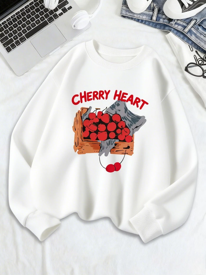 Felpe con stampa grafica cuore di ciliegio Felpe con cappuccio casual moda allentata da donna Pullover morbidi Abiti caldi Intimo autunno inverno