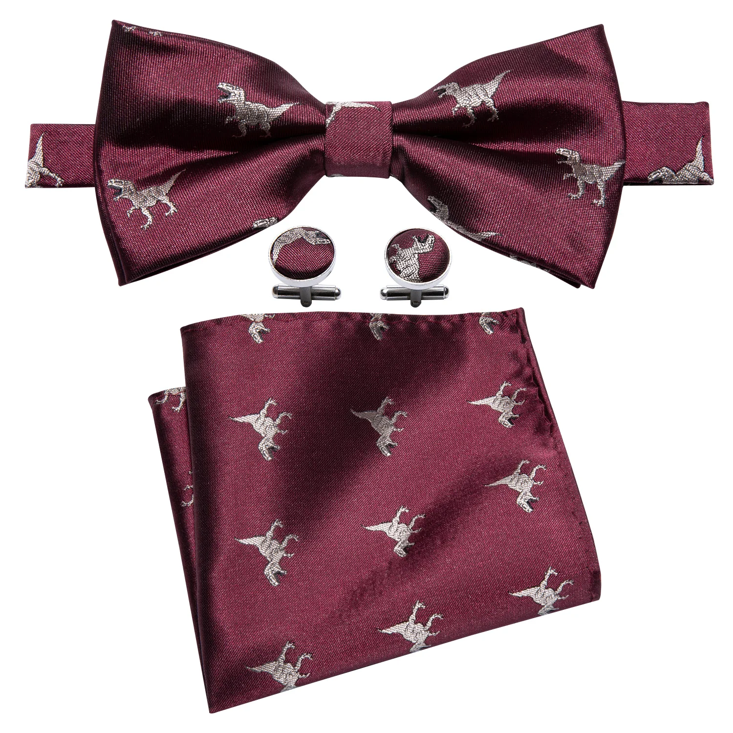 Novelty Dinosaur Silk Bowtie Sets High Quality Woven Handkerchief Cufflinks Butterfly Groom Wedding Party Designer Barry.Wang