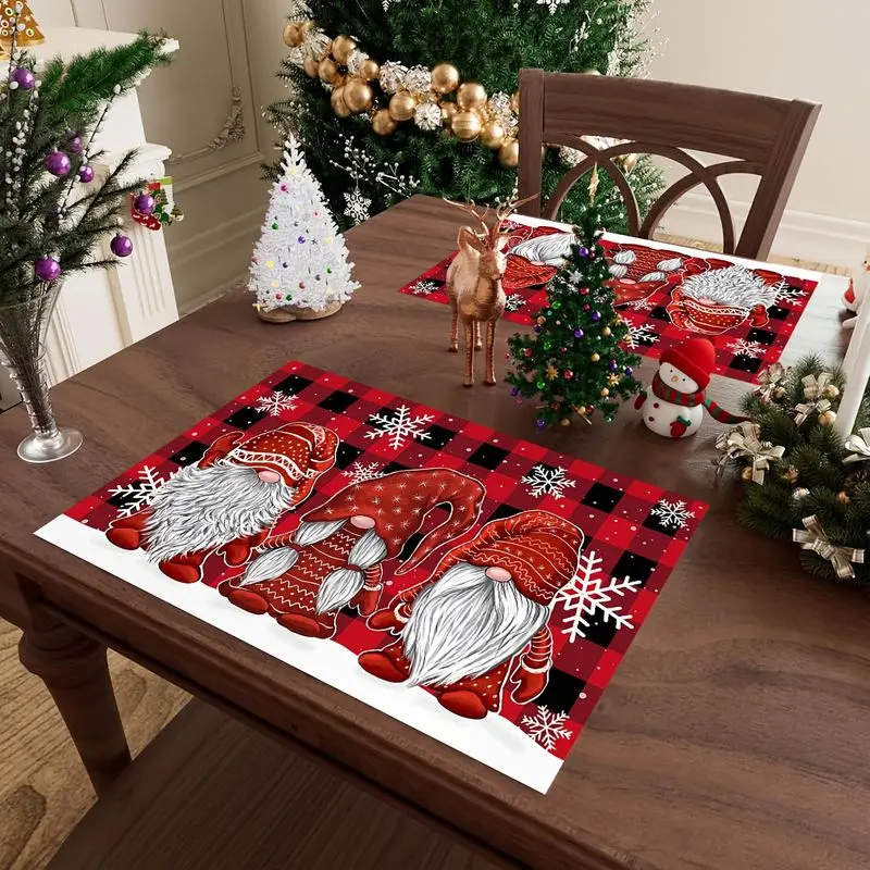 VIKAMA Christmas Placemat Gnome Tomte Red Black Buffalo Plaid Snowflake Xmas Dining Table Mat Non Slip Washable Holiday Party