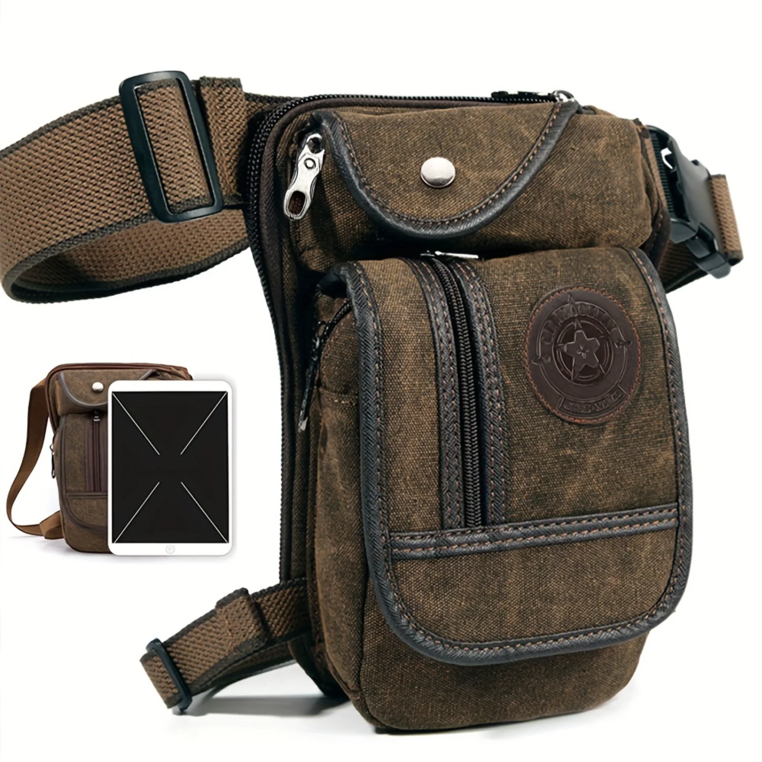 Random Badge Pattern - 1pc Mens Canvas Waist Bag, Outdoor Sports Leg Bag, Phone Bag, Retro Horse Riding Mens Chest Bag Cart Bogg