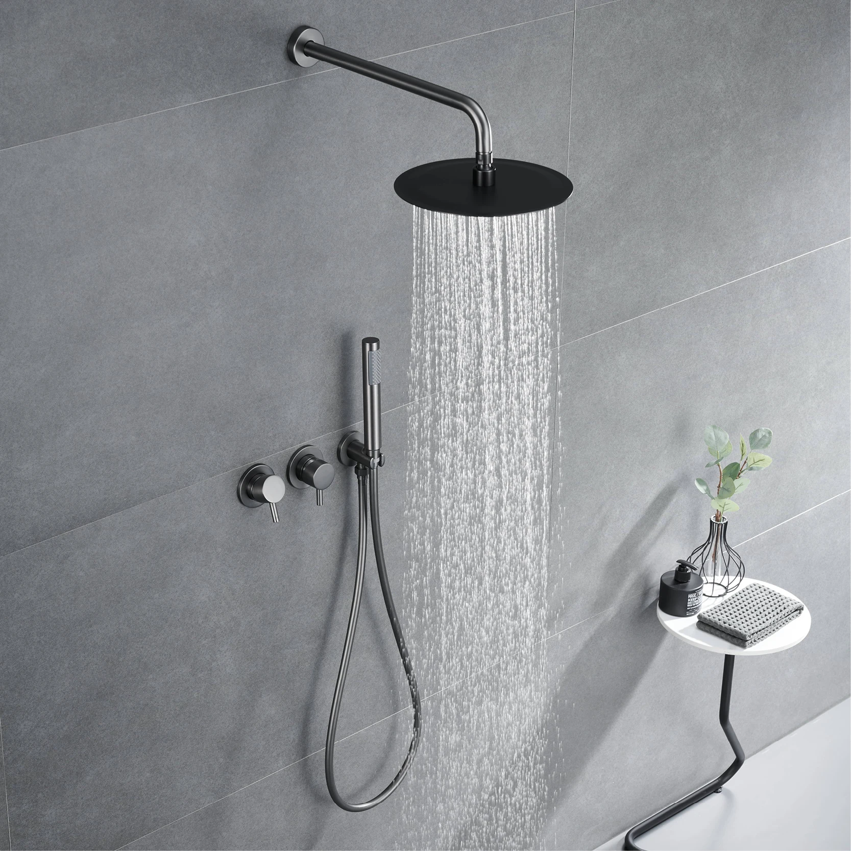 Schwarz bad dusche system, einfache wand hängen design, doppel griff, doppel control, zwei funktion messing dusche wasserhahn