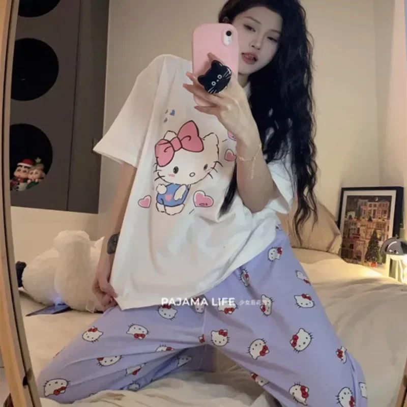 Sanrio hello kitty Round Neck Pajamas Women's Summer Thin Short Sleeve Trousers T-Shirt New Fashion Home Clothes Suit sleepwear