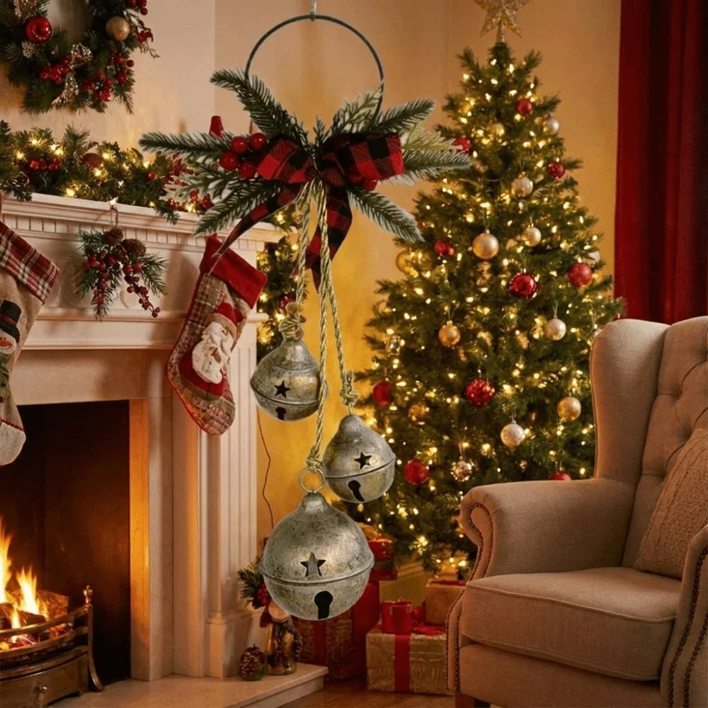 Three-Bell Christmas Tree Bell Decorations Rustic Style Shatterproof Xmas Tree Pendant with Bowknot Festive