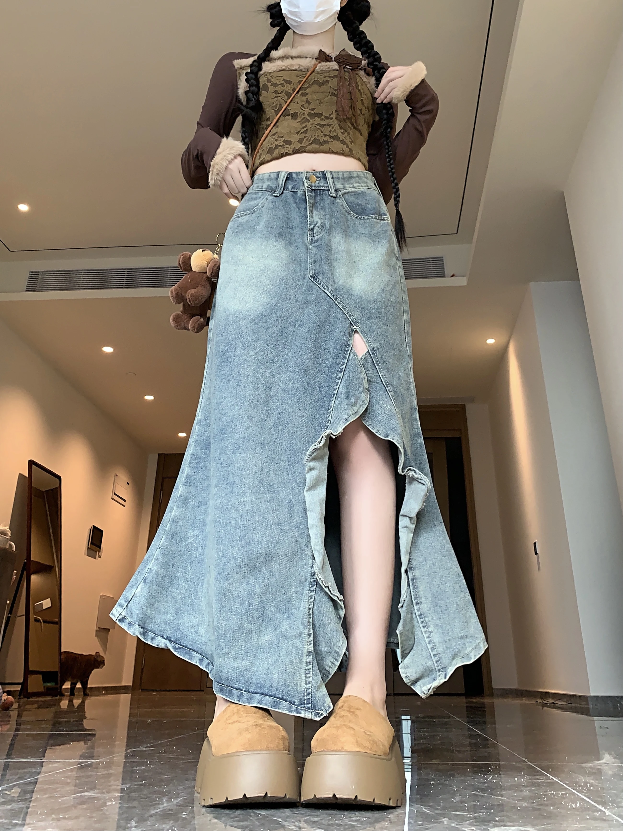 

Irregular Denim Skirt for Women Summer New Style Wavy Slit High Waist Fishtail Skirt