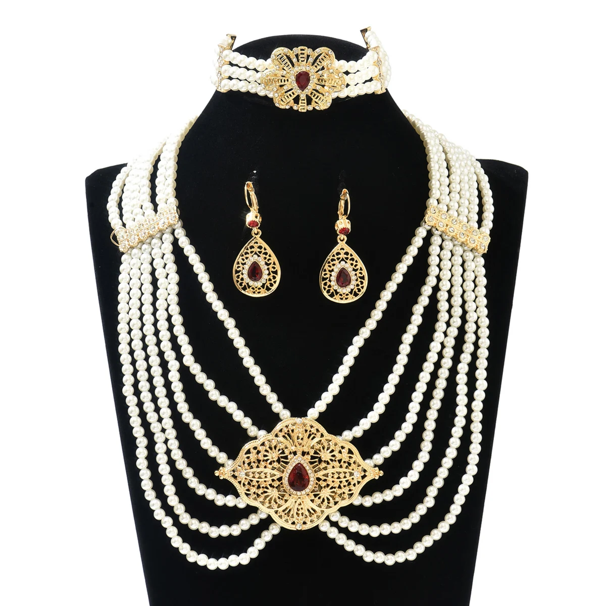 

Middle Eastern Bridal Pearl Accessories Luxury Wedding Jewelry Handmade Necklace Earring Bracelet Bridal Gift