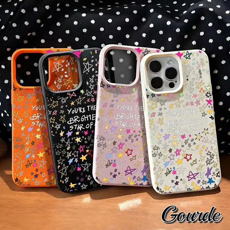 

Gourde Colorful Stars Patterns Phone Case for Iphone 16 15 14 12 13 11 Pro Max Plus X Xs Xr Max Premium Leather Texture Casing