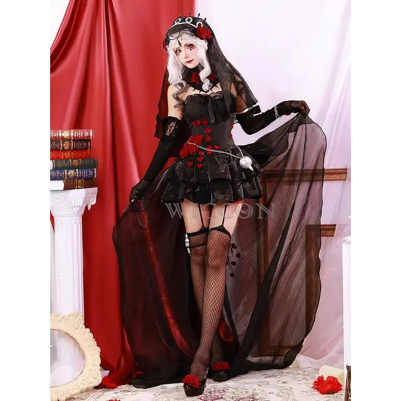 女性のための黒のゴシックロリータドレス,Vネック,アダ,メスマー,コスプレ,ナイトスキン,バラ,アニメ,パーティースーツ