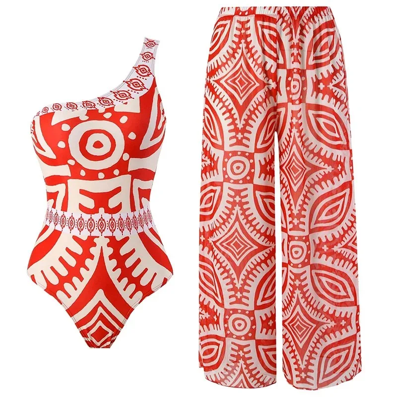 SUNSIREN Ethnic Style Print One-Piece Swimsuit Women One Shoulder Retro Two Pieces Swimsuit Vintage High Waist Beach Pants 2024