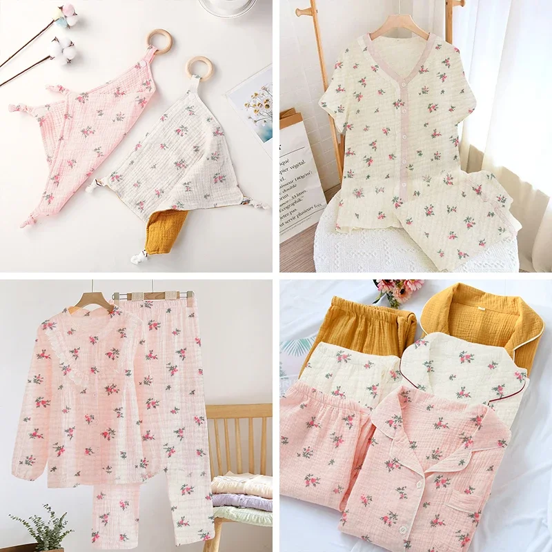 Cute Pink Flowers Double Layer Gauze Fabric Soft Crepe Cotton Sewing Material For Summer DIY Children\'s Bath Towel Muslim Fabric