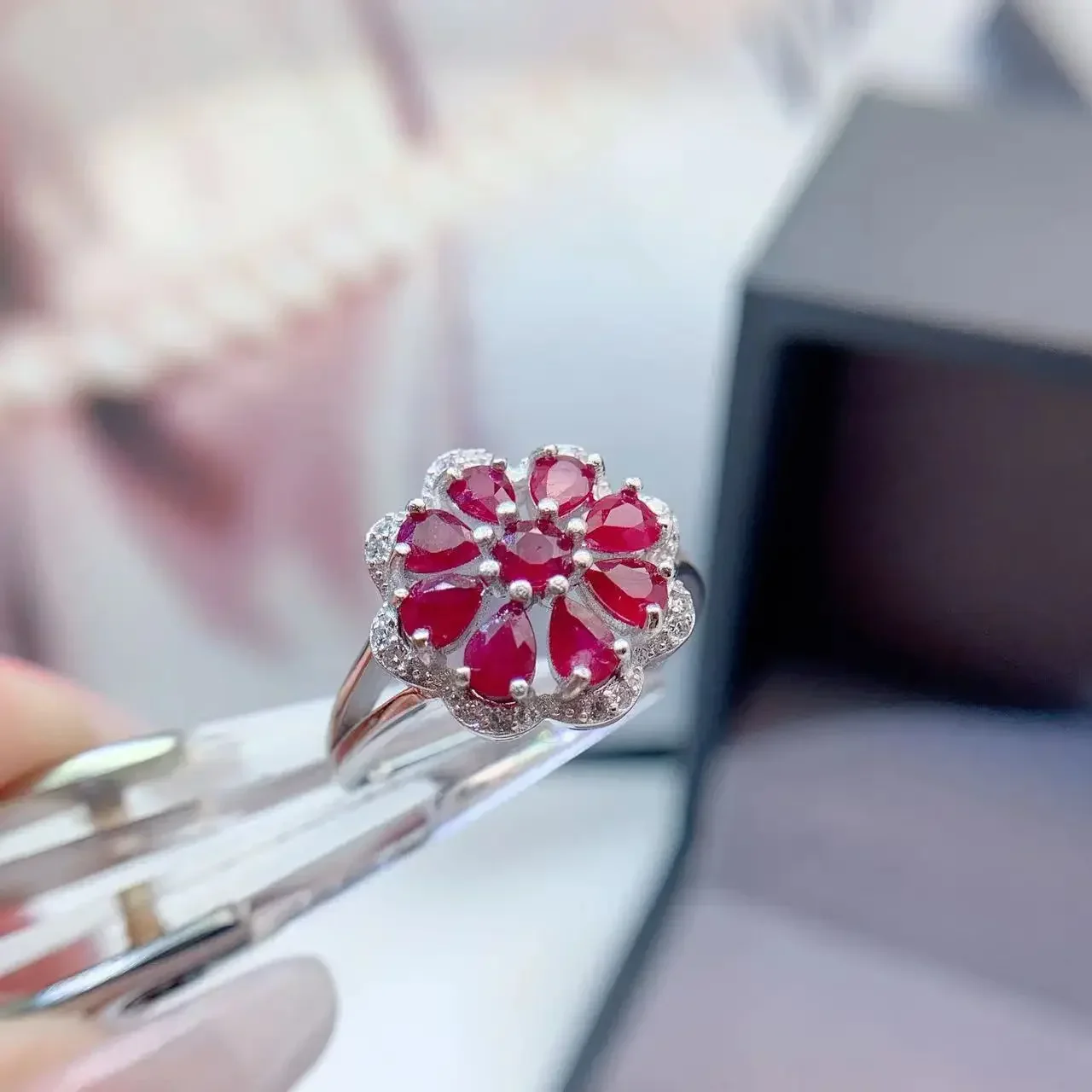 Nnatural Ruby Jewelry Gift for Woman Natural Ruby 9 pieces 3mm*4mm 925 Silver9 Ring for Office Woman 3 Layers 18K Gold Plating