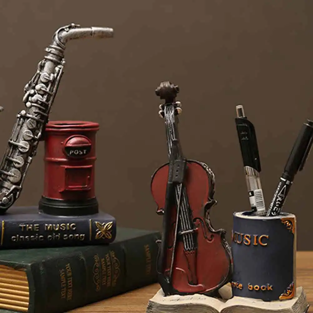 

Violin Shaped Blue Pen Holder Natural Resin Stylish Desktop Decoration Pen Box Multifunctional Stationery Organizer