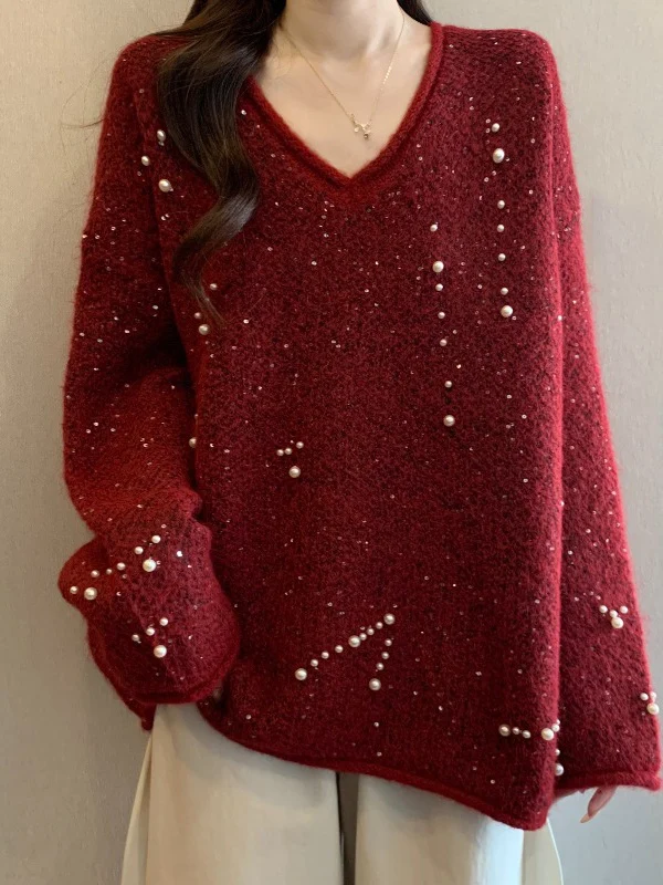 

Elegant V-Neck Shoulder-Length Knitwear Women's plus Size Large MM Cashmere Early Spring New Style Wine Red Color Block Sweater