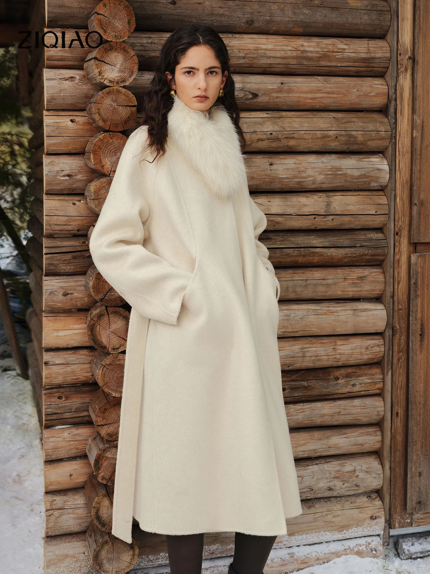 ZIQIAO Women's Quiet Luxury Double-Faced Wool Camel Hair Coat with Fox Fur Collar Elegant Warm Outerwear 2026 Winter New Arrival