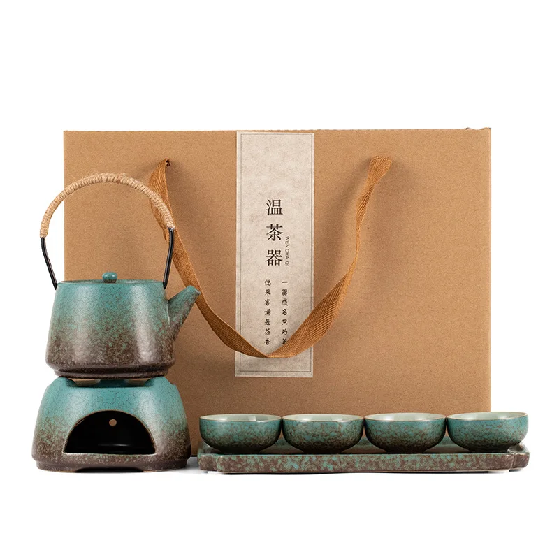 New Retro Kung Fu Tea Set with 4 cups Complete Set of Office Household Rough Pottery Teapot Warm Tea Boiler Gift Box Friend Gift