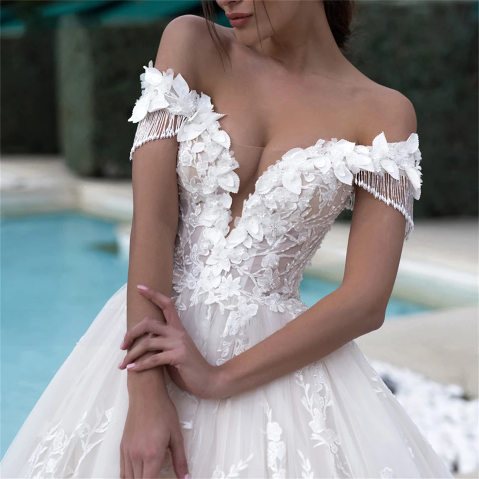 Customized Deep V-neck off Shoulder Appliques Tassel 2024 Wedding Dresses For Woman Sweep Train Bridal Gowns Vestidos De Novia