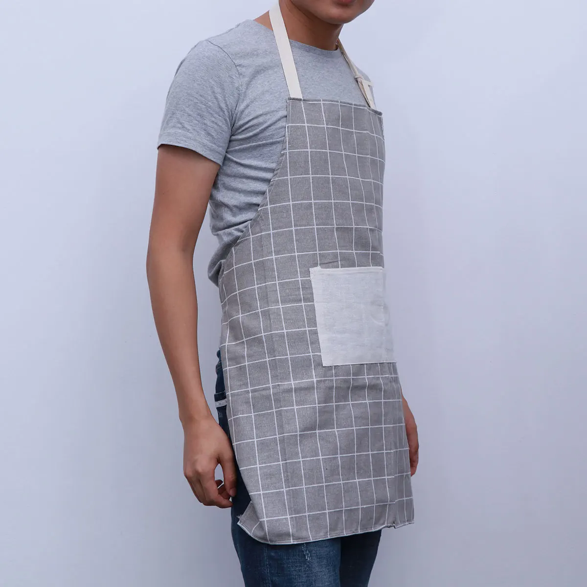 

Bib Unisex Plaid Pattern Cooking Halter Apron With Pocket Grey Workshop Wear Aprons For Home Kitchen Apron Dress