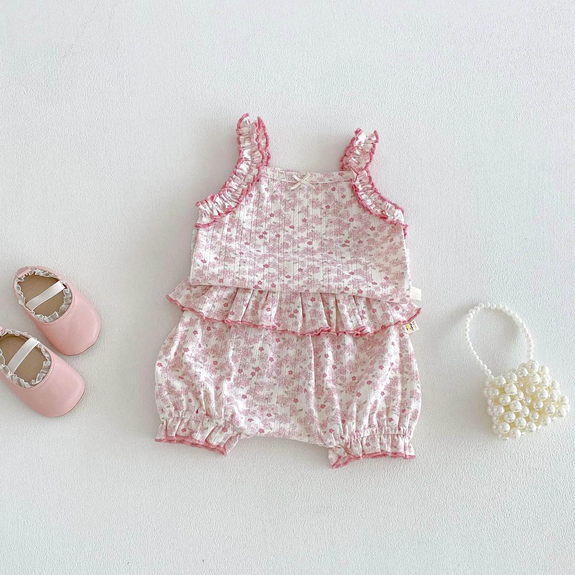 Baby Girl Set Summer Thin Vest Top Shorts Two-piece Set Western-style Floral Fungus Edge Pants T-shirt