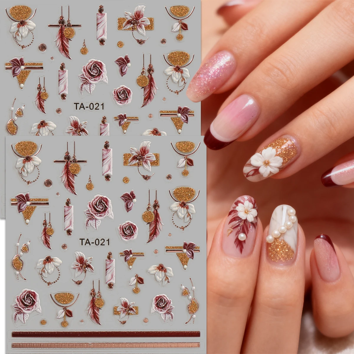 2pcs Winter Retro Flower French Glitter Embossed Nail Art Stickers - Easy to apply for nail decoration, DIY, gift, party makeup