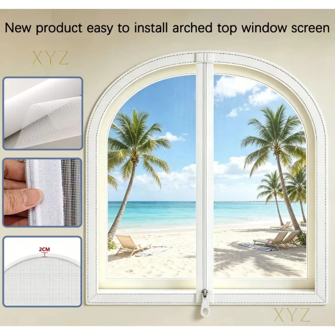 Self Adhesive Non Drilling Insect Proof Nano PP Mesh Tropical Beach Landscape Window Screen for Curved Arched Family Windows