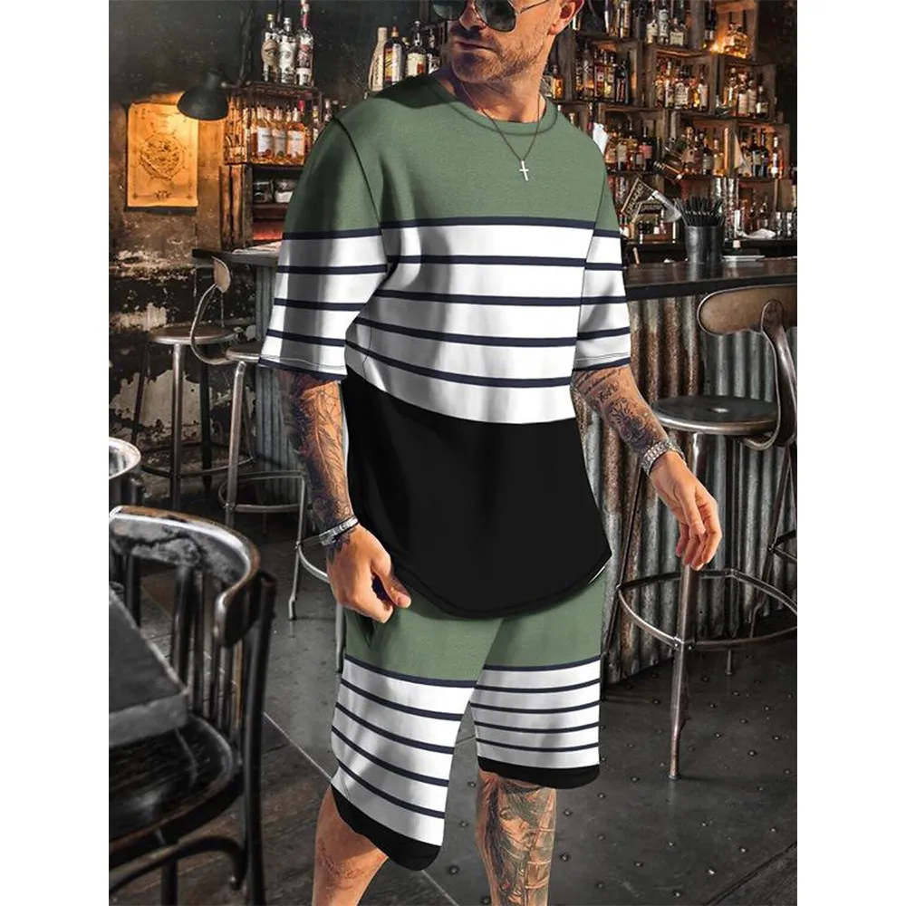 Men\'s T-shirt Suits Tracksuit Shorts and T Shirt Set Color Block Crew Neck Wear Vacation Short Sleeves 2 Piece Clothing Apparel